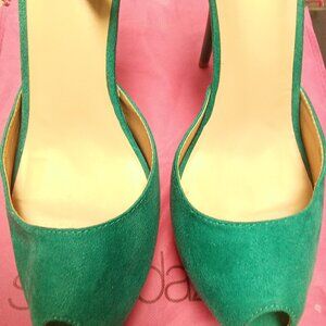 6 INCH Faux Suede Jade Green Open Toe Stilettos with Anklet Straps